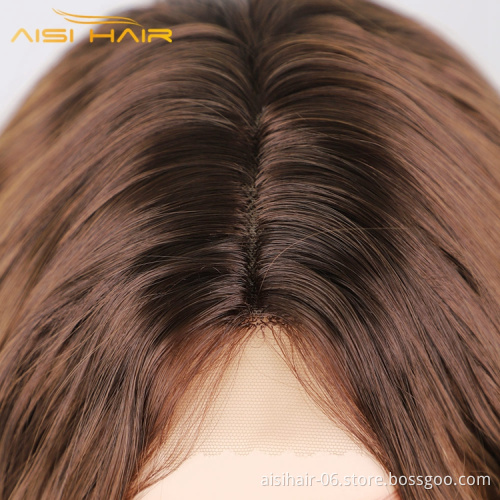 Aisi Hair Hot Selling Soft Natural Brown  Small Lace Front Expression Synthetic For White Women Fiber Long Body Wave Wig